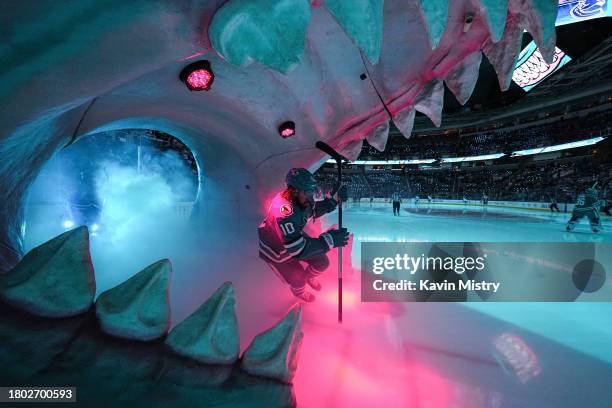 Anthony Duclair of the San Jose Sharks takes the ice through the Shark Head before the game against the Vancouver Canucks at SAP Center on November...