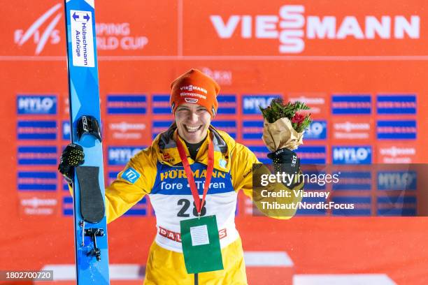 Stephan Leyhe of Germany takes third place during FIS World Cup Ski Jumping Men Ruka - Individual HS142 on November 25, 2023 in Ruka, Finland.