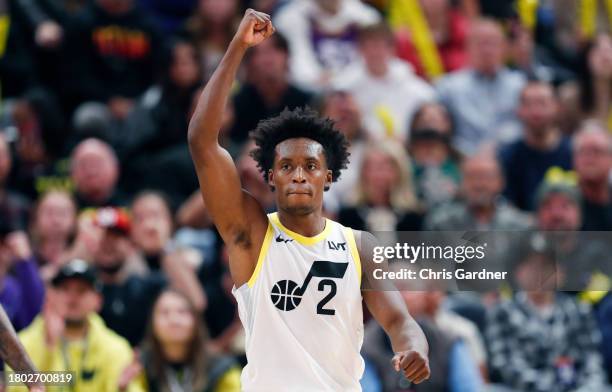 Collin Sexton of the Utah Jazz celebrates their win over the New Orleans Pelicans at the Delta Center on November 25, 2023 in Salt Lake City, Utah....