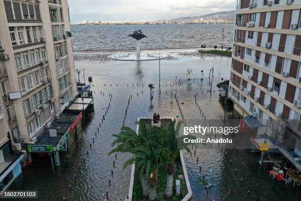 An aerial view of the streets flooded as a result of the overflow of the Aegean Sea due to the powerful storms and heavy rains in Alsancak...