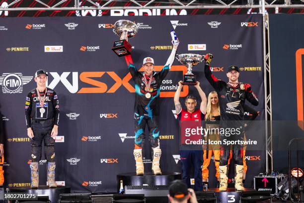 World Champion Ken Roczen of Germany with Joey Savatgy of United States and Dean Wilson of United Kingdom at the podium during the FIM WSX Australian...