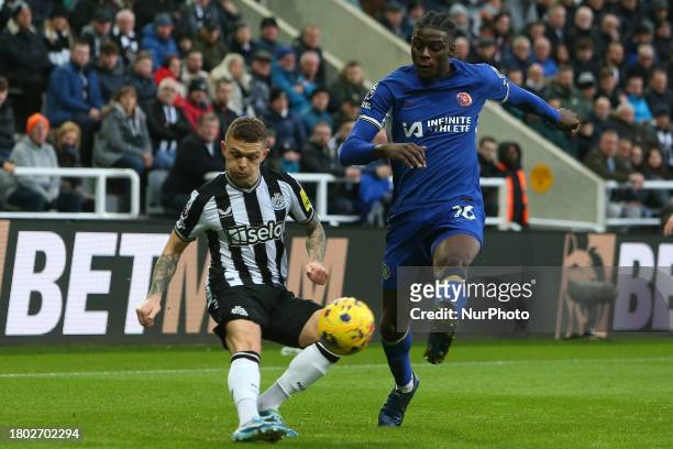 Chelsea's Lesley Ugochukwu is closing down Newcastle United's Kieran Trippier during the Premier League match between Newcastle United and Chelsea at...