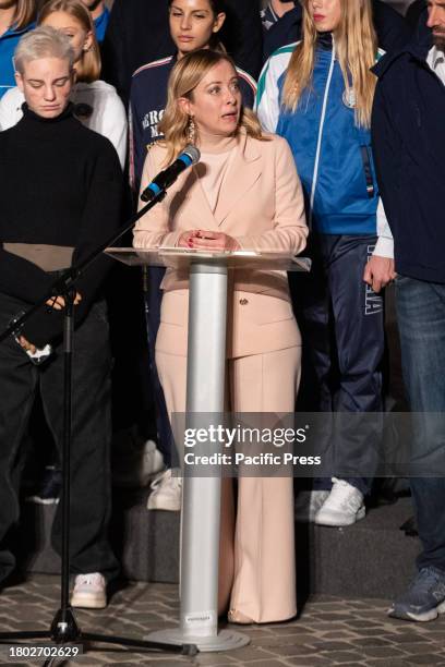 Prime Minister Giorgia Meloni speaks during the lighting ceremony of the headquarters of the Prime Minister's Office on the occasion of the...