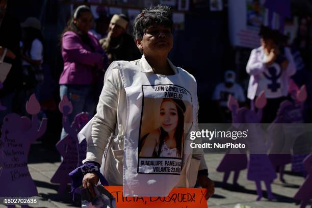 Mothers of missing daughters and victims of feminicide and sexist violence are demonstrating with photographs and banners at the Angel of...