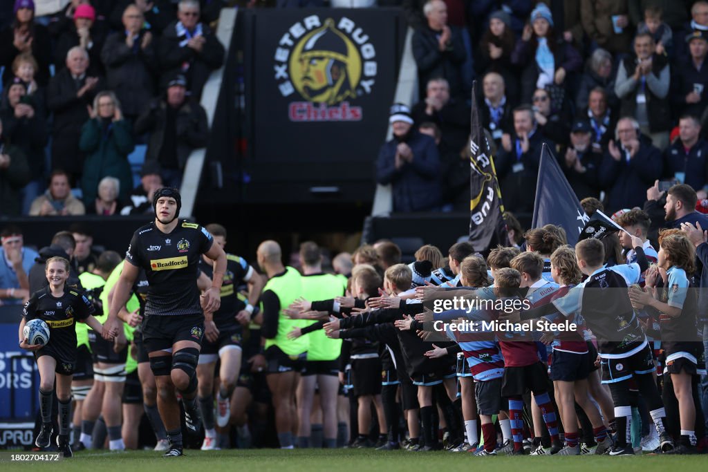 Exeter Rugby Colours Dafydd Jenkins the captain of Exeter Chiefs leads out ahead of the ...