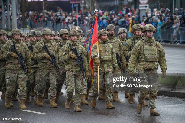 Army soldiers march during a military parade on Armed Forces Day in Vilnius. Armed Forces Day honours the restoration of the Lithuania armed forces...