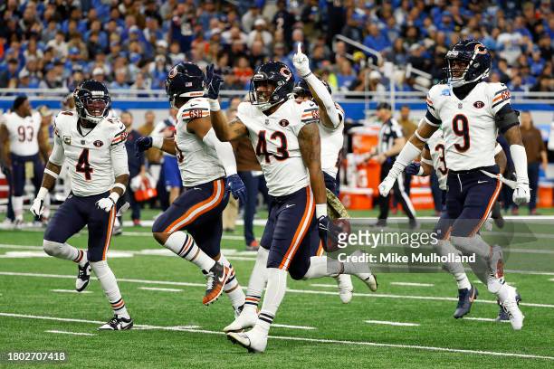 DeMarquis Gates of the Chicago Bears celebrates after a fumble recovery during the third quarter of a game against the Detroit Lions at Ford Field on...