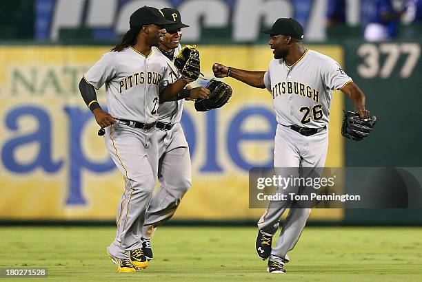 Pittsburgh Pirates center fielder Andrew McCutchen, Pittsburgh Pirates right fielder Marlon Byrd and Pittsburgh Pirates left fielder Felix Pie...