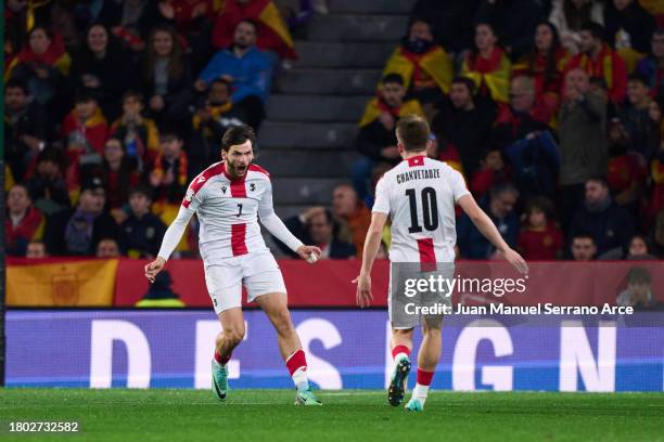 Khvicha Kvaratskhelia of Georgia celebrates after scoring goal during the UEFA EURO 2024 European qualifier match between Spain and Georgia at Jose...