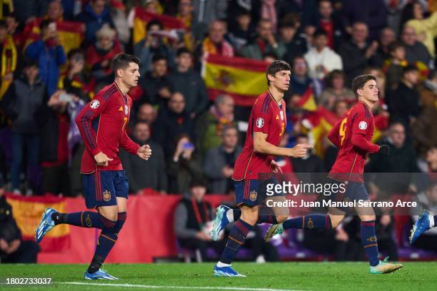 Robin Le Normand of Spain celebrates after scoring goal during the UEFA EURO 2024 European qualifier match between Spain and Georgia at Jose Zorrilla...