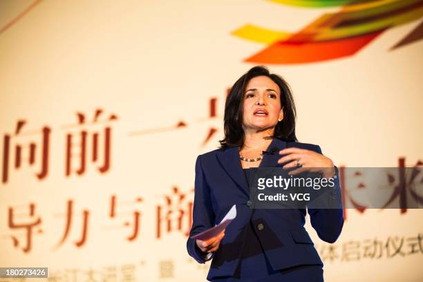 Sheryl Sandberg, chief operating officer of Facebook Inc., delivers a lecture during a dialogue co-sponsored by the Cheung Kong Graduate School of...