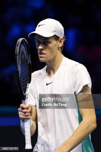 Jannik Sinner of Italy reacts in the Men's Singles Final match against Novak Djokovic of Serbia during day eight of the Nitto ATP Finals at Pala...