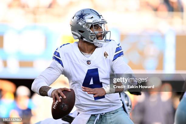 Dak Prescott of the Dallas Cowboys looks to throw a pass in the game against the Carolina Panthers during the third quarter at Bank of America...