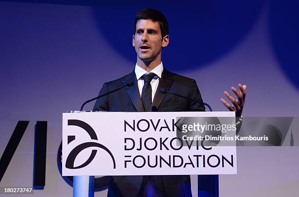 Founding Chairman Novak Djokovic speaks on stage at the Novak Djokovic Foundation New York dinner at Capitale on September 10, 2013 in New York City.