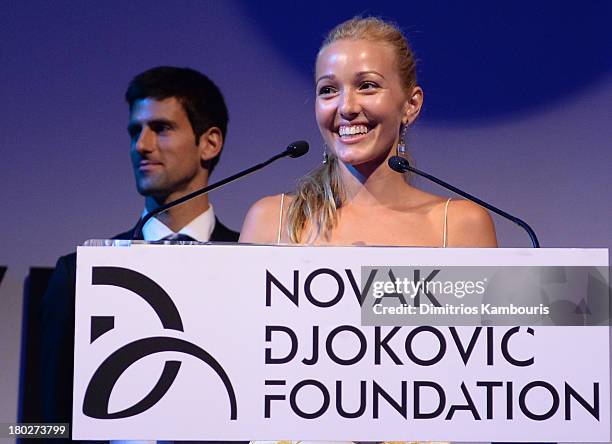 Founding Chairman Novak Djokovic and Executive Director of the Foundation Jelena Ristic speak on stage at the Novak Djokovic Foundation New York...