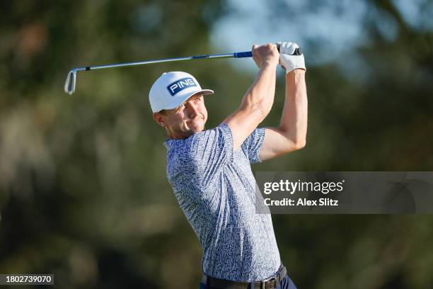 Mackenzie Hughes of Canada hits a tee shot on the 17th hole during the final round of The RSM Classic on the Seaside Course at Sea Island Resort on...