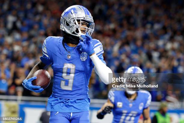 Jameson Williams of the Detroit Lions scores a fourth quarter touchdown during a game against the Chicago Bears at Ford Field on November 19, 2023 in...