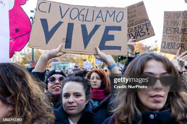 People are marching in protest during a demonstration organized by ''Non una di meno'' in Turin for the International Day for the Elimination of...