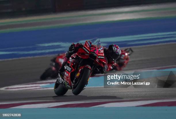 Enea Bastianini of Italy and Ducati Lenovo Team heads down a straight during the MotoGP race during the MotoGP of Qatar - Race at Losail Circuit on...
