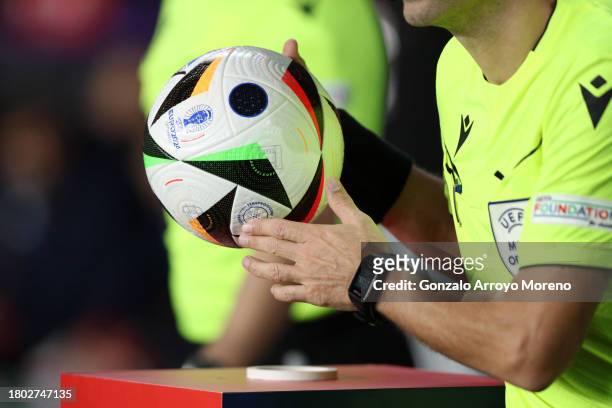 The Adidas UEFA EURO 2024 match ball is brought out on to the pitch by the referee prior to the UEFA EURO 2024 European qualifier match between Spain...