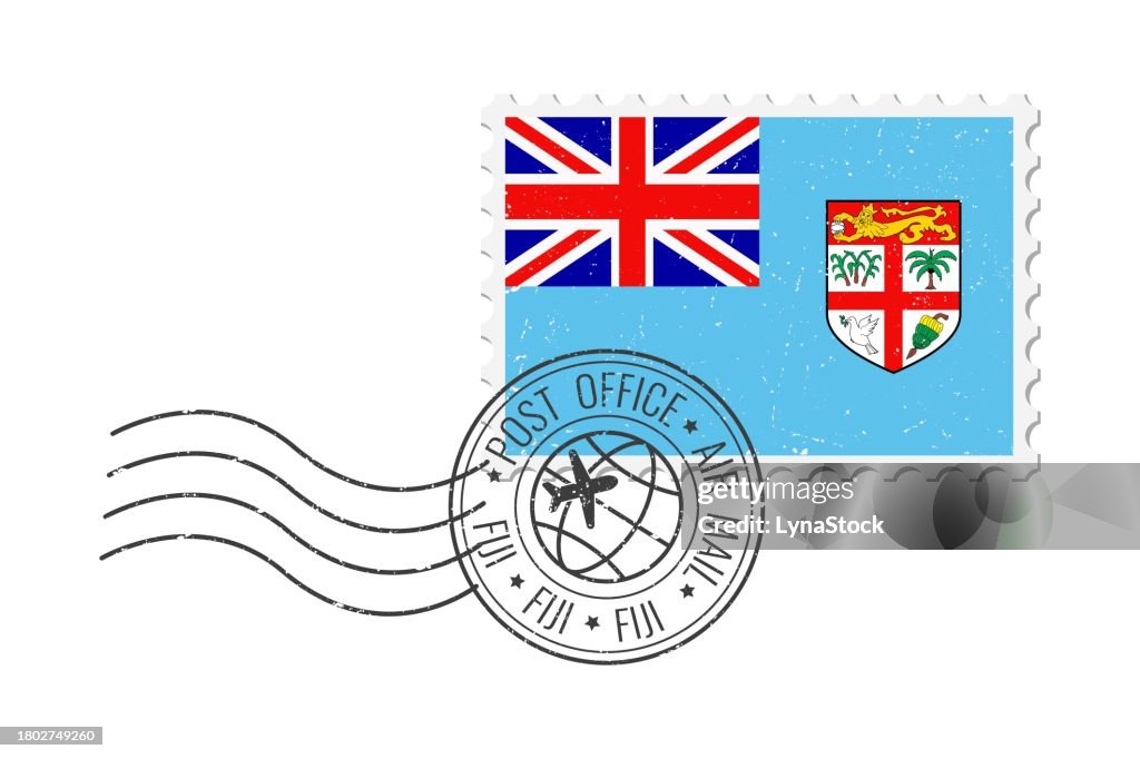 Fiji grunge postage stamp. Vintage postcard vector illustration with Fijian national flag isolated on white background. Retro style.
