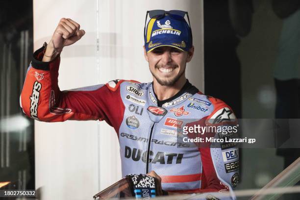 Fabio Di Giannantonio of Italy and Gresini Racing MotoGP celebrates the victory on the podium during the MotoGP race during the MotoGP of Qatar -...