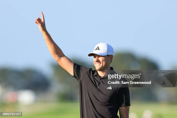 Ludvig Aberg of Sweden reacts to winning The RSM Classic on the Seaside Course at Sea Island Resort on November 19, 2023 in St Simons Island, Georgia.