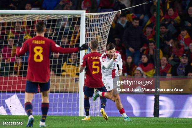 Khvicha Kvaratskhelia of Georgia celebrates after scoring goal during the UEFA EURO 2024 European qualifier match between Spain and Georgia at Jose...