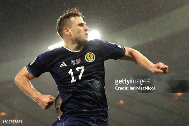 Stuart Armstrong of Scotland celebrates after scoring the team's third goal during the UEFA EURO 2024 European qualifier match between Scotland and...