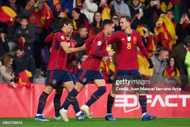 Robin Le Normand of Spain celebrates after scoring goal during the UEFA EURO 2024 European qualifier match between Spain and Georgia at Jose Zorrilla...