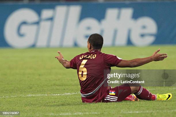 Romulo Otero of Venezuela reacts during a match between Venezuela and Peru as part of the 16th round of the South American Qualifiers at Olimpico...