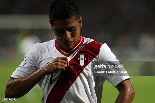 Paolo Hurtado of Peru during a match between Venezuela and Peru as part of the 16th round of the South American Qualifiers at Olimpico Stadium on...
