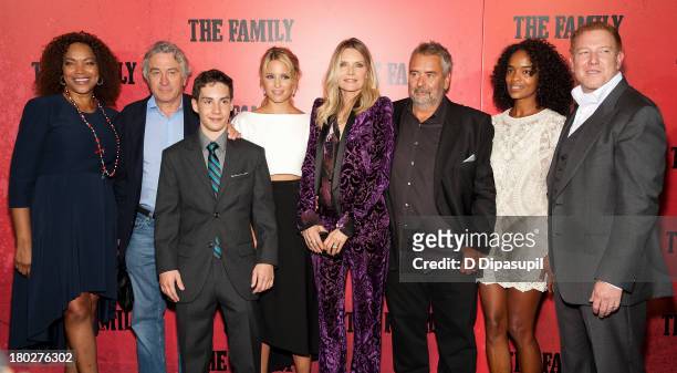 Grace Hightower, Robert De Niro, John D'Leo, Dianna Agron, Michelle Pfeiffer, Luc Besson, and Ryan Kavanaugh attend "The Family" World Premiere at...