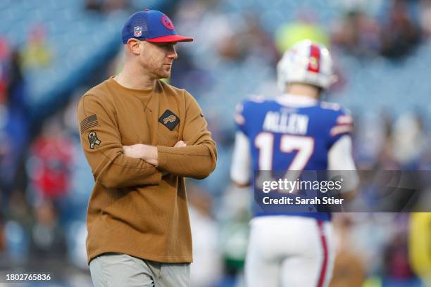 Interim offensive coordinator Joe Brady looks on before the game against the New York Jets at Highmark Stadium on November 19, 2023 in Orchard Park,...