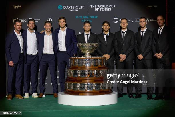 Players of Serbia and Great Britain pose for a photo during the Official Gala Dinner ahead of the Davis Cup Final at Museo de Malaga on November 19,...