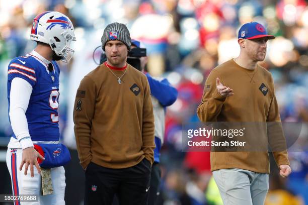 Interim offensive coordinator Joe Brady of the Buffalo Bills looks on before the game against the New York Jets at Highmark Stadium on November 19,...