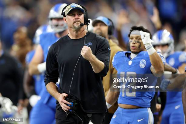 Head coach Dan Campbell celebrates a fourth quarter touchdown during a game against the Chicago Bears at Ford Field on November 19, 2023 in Detroit,...