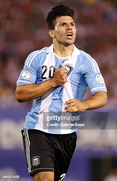 Sergio Agüero of Argentina celebrates the second goal during a match between Paraguay and Argentina as part of the 16th round of the South American...