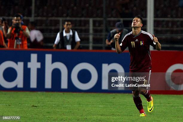 Cesar Gonzalez of Venezuela celebrates during a match between Venezuela and Peru as part of the 16th round of the South American Qualifiers at...