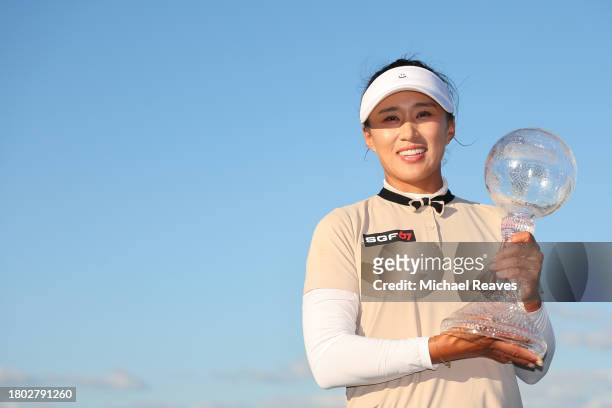 Amy Yang of Korea poses with the CME Globe trophy after winning the CME Group Tour Championship at Tiburon Golf Club on November 19, 2023 in Naples,...