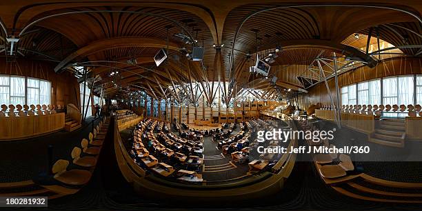 An elevated panoramic view of The Chamber during a meeting in session of the Scottish Parliament on September 10, 2013 in Edinburgh, Scotland. The...