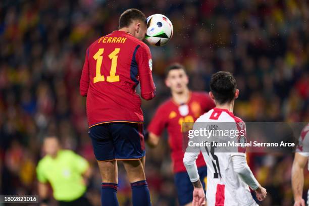 Ferran Torres of Spain scoring his team's second goal during the UEFA EURO 2024 European qualifier match between Spain and Georgia at Jose Zorrilla...