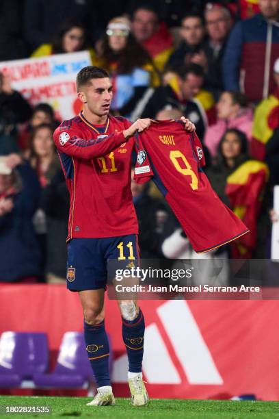 Ferran Torres of Spain celebrates after scoring his team's second goal during the UEFA EURO 2024 European qualifier match between Spain and Georgia...