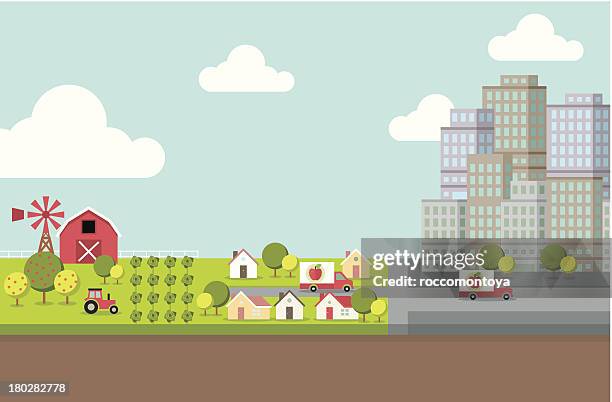 ilustraciones, imágenes clip art, dibujos animados e iconos de stock de farm y a la ciudad - distrito central