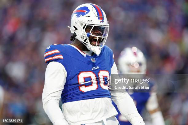 Shaq Lawson of the Buffalo Bills celebrates after recording a sack in the first quarter against the New York Jets at Highmark Stadium on November 19,...