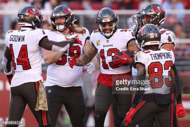 Mike Evans of the Tampa Bay Buccaneers celebrates a touchdown during the second quarter of a game against the San Francisco 49ers at Levi's Stadium...