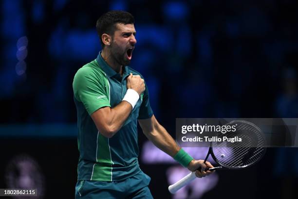 Novak Djokovic of Serbia celebrates winning match point against Jannik Sinner of Italy in the Men's Singles Finals between Jannik Sinner of Italy and...