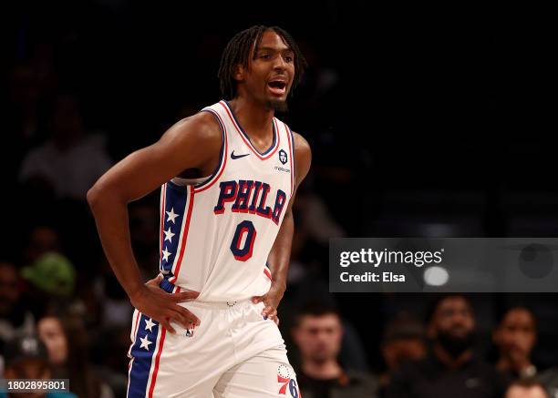 Tyrese Maxey of the Philadelphia 76ers directs his teammates in the second half against the Brooklyn Nets at Barclays Center on November 19, 2023 in...