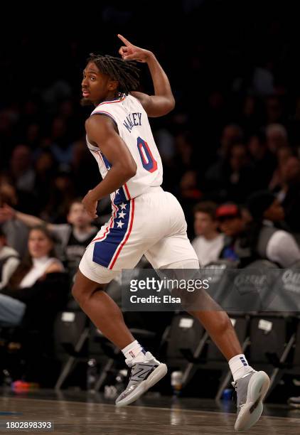 Tyrese Maxey of the Philadelphia 76ers celebrates his three point shot in the second half against the Brooklyn Nets at Barclays Center on November...
