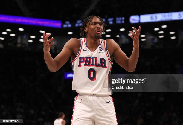 Tyrese Maxey of the Philadelphia 76ers reacts to a call against the Philadelphia 76ers in the second half against the Brooklyn Nets at Barclays...